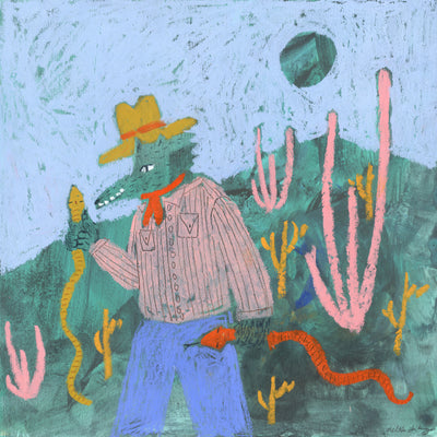 Illustration made with thick pastels, a crocodile wearing a cowboy hat, a pink button up, jeans and a red neck scarf holds a snake in each hand. It stands in a field of pink and yellow cacti with a bright blue sky behind.