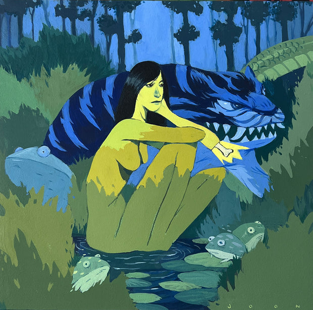 Painting of a primarily blue and green lush pond setting. A yellow woman sits in the water and rests her head in her hand, which has a bone coming out of elbow. A fierce blue tiger is behind her.
