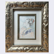 "Snowing" in a thick, ornate gold frame with white mat and gold detailing. For description of art piece, refer to previous picture's alt text.
