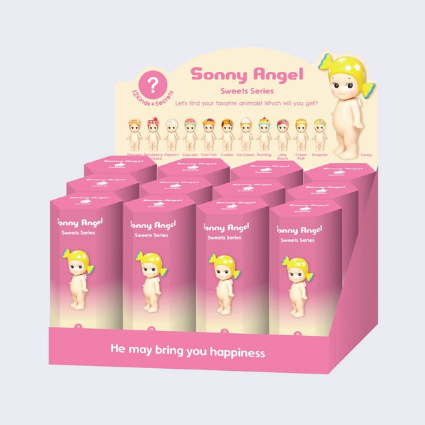 Display flat of 12 individual Sonny Angel Sweets Series blind boxes.