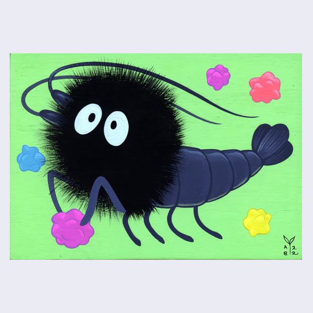 Painting of a Soot Sprite, black and fluffy with large curious white eyes with a body of a gray shrimp and shrimp antennae. It holds a colorful piece of rock candy, with 4 more pieces scattered in the background behind. Background of painting is a solid neon green.