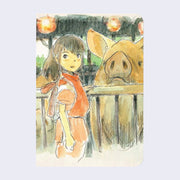 Journal cover featuring a full bleed illustration of Chihiro, from Spirited Away, standing in front of a gate with a large pig penned.