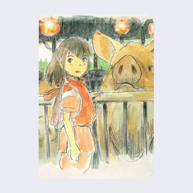 Journal cover featuring a full bleed illustration of Chihiro, from Spirited Away, standing in front of a gate with a large pig penned.
