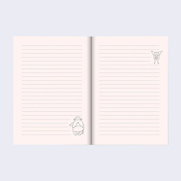 Open 2 page spread of a journal with lined paper. Small line drawings are on each page, the right page featuring a rotund radish creature. The right page featuring an expressive frog.