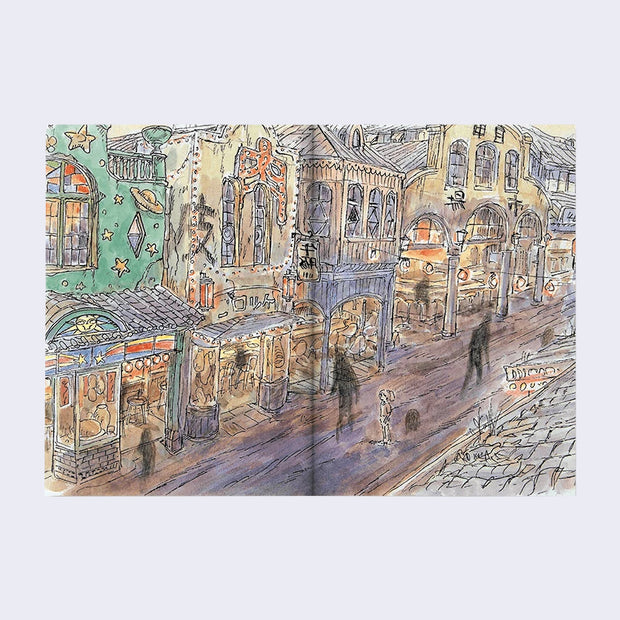 Open 2 page spread featuring a full bleed illustration of a busy night street market scene. A little girl stands in the street with several smokey black spirits walking around her. 