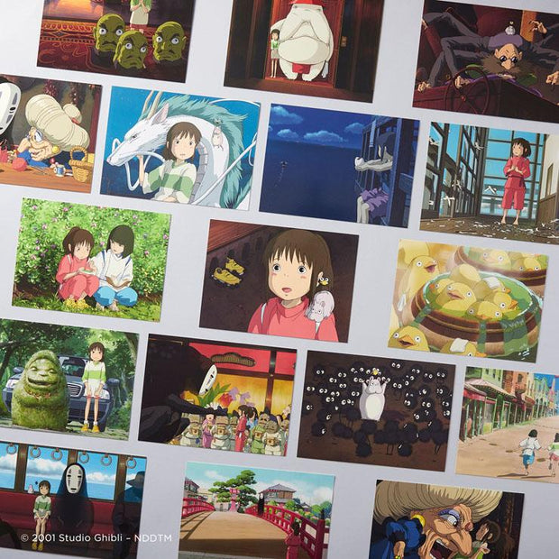 Multiple postcards laid out, showing variety in designs. Screenshots are all different scenes from movie Spirited Away, such as ducks in a hot bath, Chihiro standing in the bathhouse, Chihiro sitting on a train with No Face, etc.