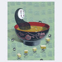 Painting of No Face sitting in a bowl of miso soup. Soot sprites walk around the bowl carrying tofu to throw into the bowl.