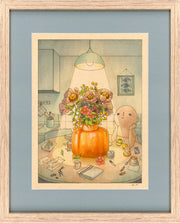 "Spotlight" framed in a light wooden flame with a grayish blue framing mat. For detailed description of "Spotlight" please refer to previous image's alt text.