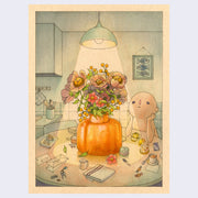 Illustration on tan toned paper of an interior kitchen scene, with a ceiling lamp beaming light onto a large orange vase with an ornate, abundant bouquet of flowers with cartoon faces. The table its on is surrounded by stationery and kitchen items, with a semi anthropomorphic character sitting with its elbows on the table, looking up solemnly.