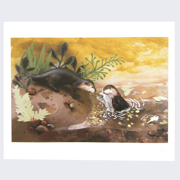 Photograph of a segment of a detailed clay diorama. An otter comes up from water to present 2 caught fish to another otter, looking curiously from shore.