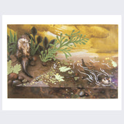 Photograph of a detailed clay and paper diorama. An otter cleans itself on shore and looks towards another otter swimming away. Various plants sprout on shore.