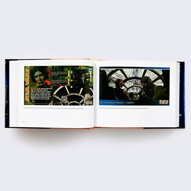 Open two page book spread of various Star Wars photographs and memorabilia.