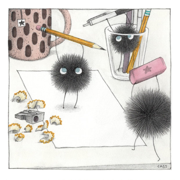Finely shaded color pencil illustration of a desk scene, 3 soot sprites interact with stationery supplies, a blank paper and many pencil shavings nearby. A mug brewing tea in the backgound.