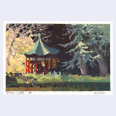Plein air painting of a red pagoda style gazebo, in a heavily forested area in front of a pond.