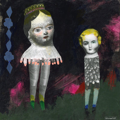 Collage on dark painted background, with small amounts of pink, red and greenery for the ground. Two black and white vintage doll heads stand with tall, thin legs and no arms. Their features are slightly altered, giving an unsettling feeling.