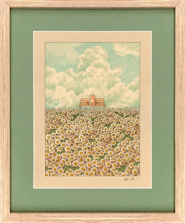 An illustration on toned brown paper. A semi anthropomorphic character sits on a bench with a brown sack and a takeout coffee cup. In front of them is a large field of daisies, with small faces. Framed in a light wooden frame, with a sage green framing mat.