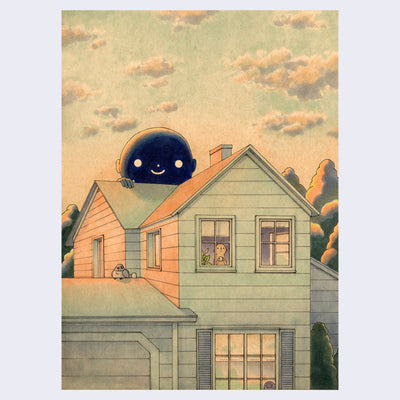 Full bleed illustration on tan toned paper featuring a large suburban house exterior at sunset, with pink light catching the side of the house. A large black giant with a blank smiling face stands behind the house, with a hand on the roof. A semi anthropomorphic character can be seen from the upper window, holding a mug. A fat pigeon sits on the garage roof.