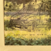  Close up of an intaglio print of a line art car that says "WOAHH" on the license plate and "Super Fast Car Club!!!" written below. The background is a photograph of a forest setting.