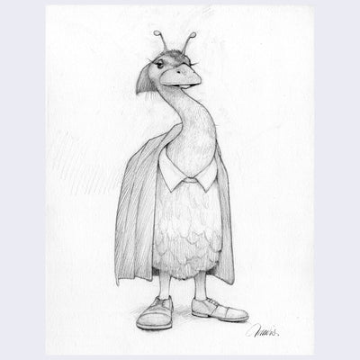 Finely rendered sketch of a emu wearing shoes, with a collared shirt and a jacket draped around their back.