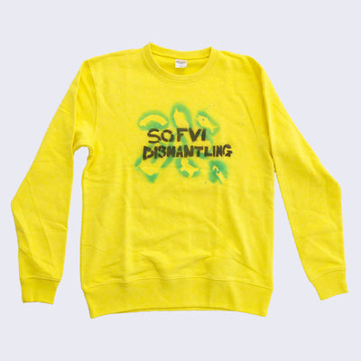 Front of bright yellow crewneck sweatshirt. Center chest area has stenciled black text that says so foo bee dismantling.