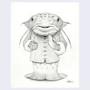 Finely rendered drawing of a catfish, standing up and wearing a swirled pattern traditional jacket. His hands are in a Tai Chi pose.