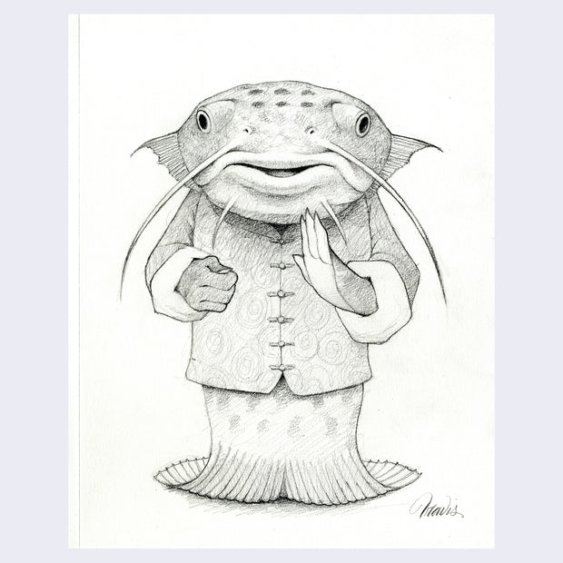 Finely rendered drawing of a catfish, standing up and wearing a swirled pattern traditional jacket. His hands are in a Tai Chi pose.