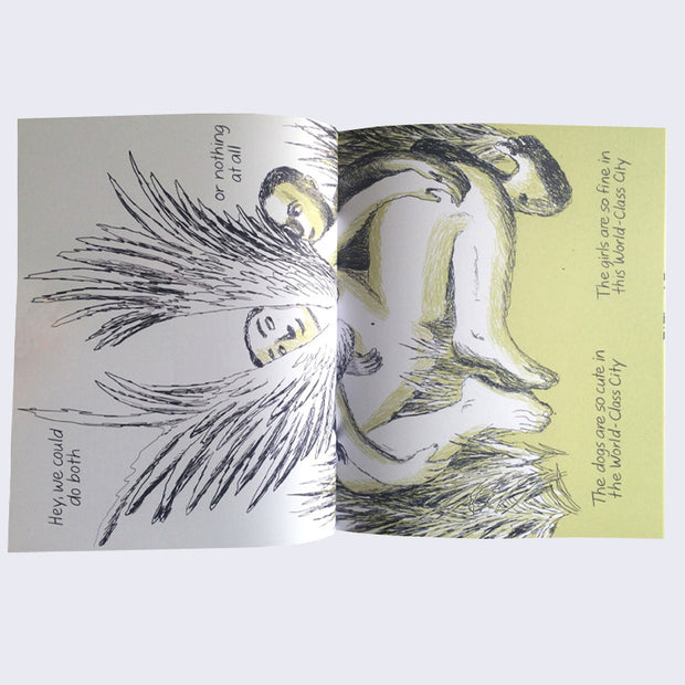 Open two page book spread of sketched illustrations of a character with angel wings, accompanying text on top and bottom.