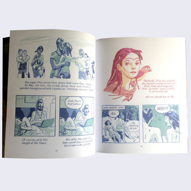 Open two page book spread. Various comic book style illustrations of various people interacting with accompanying text.