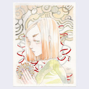Pencil and watercolor illustration of an anime style portrait, upper body only. Character looks to the side pensively, has straight shoulder length red hair and a green robe. Their hands are placed together holding a bundle of inter looped thin piece of colorful paper. Background is white with abstract outlined gray and light orange shapes, with a gray and ribbon falling from the sky.