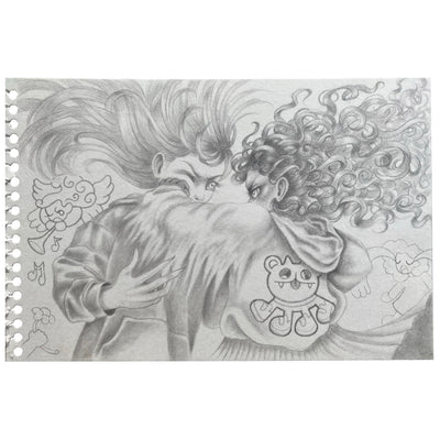 Graphite sketch of 2 girls with wild hair. One of the girls punches the other.