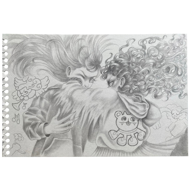 Graphite sketch of 2 girls with wild hair. One of the girls punches the other.