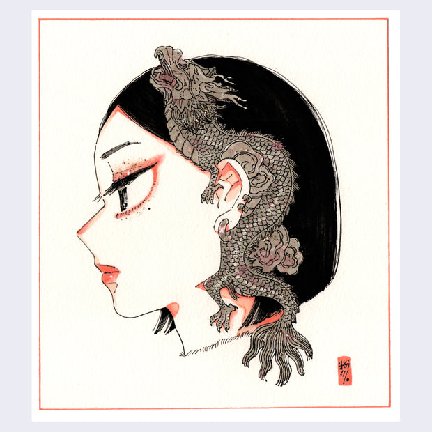 Illustration of a woman with a short bob cut, in profile view and only visible from the neck up. Wrapped around her ear, like an oversized ear cuff, is a gray dragon. 