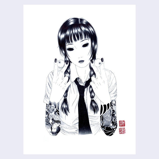 Black and white illustration of a woman with braids wearing a white short sleeve dress shirt with black tie and fully tattooed arms. Her eyes are blacked out and in her hands she holds two eyeballs.