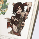 Inside page. Illustration of a scantily clad woman with eye patch. She holds a hand up to her face in a thoughtful gesture.