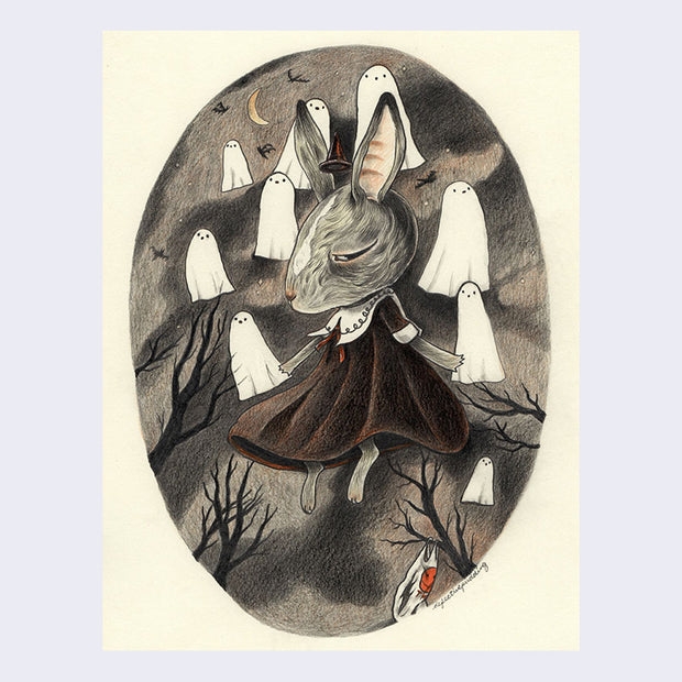 Color pencil drawing on cream paper within an oval shape, many grays and subtle oranges. A large headed bunny in a collared long black dress floats in the night sky, with many white ghosts nearby and some bare tree silhouettes below.