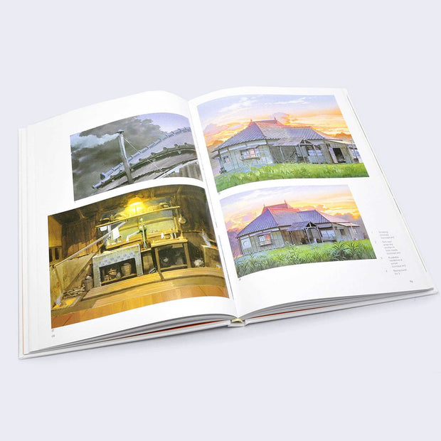 Open two page book spread. 4 different illustrations of the farmhouse in My Neighbor Totoro, with accompanying text.