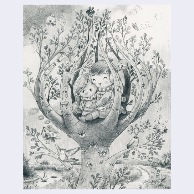Graphite drawing on paper of a small cartoon couple smiling inside of a tree with its branches warped inwards to make a cocoon for the couple. The trunk of the tree has many eyes and headless birds on the branches.