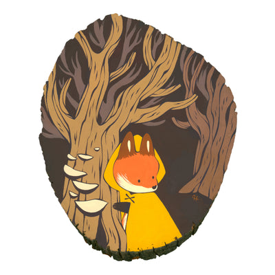 Illustration with matte colors, a small cartoon fox in a yellow cloak clings to a tree with flat, white mushrooms growing on it like, with another tree growing behind. Background is a deep chocolate brown color.