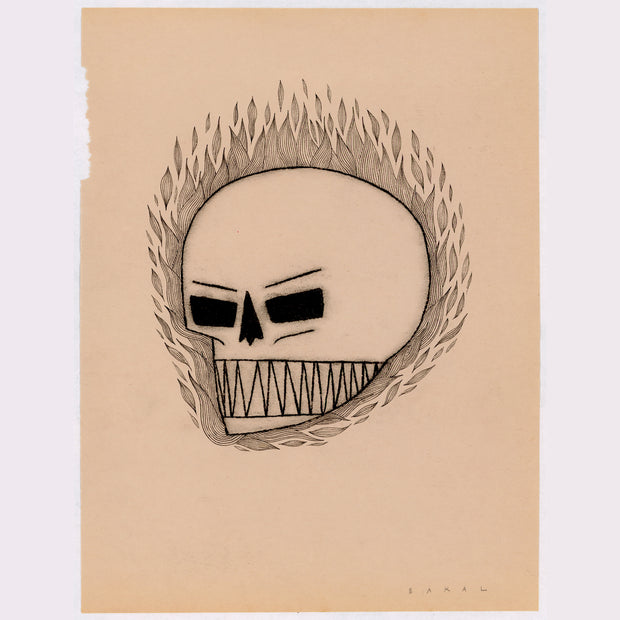 Graphic and simplistic charcoal drawing of a skull with large razor shaped teeth with roaring flames around it. 