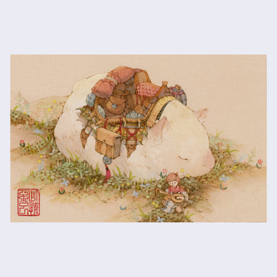 Illustration of a round, white sleeping creatures, akin to a guinea pig with a saddle atop its back loaded up with many bags and packages. Sitting on the ground near its head is a small person, playing a lute.