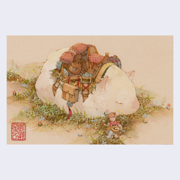 Illustration of a round, white sleeping creatures, akin to a guinea pig with a saddle atop its back loaded up with many bags and packages. Sitting on the ground near its head is a small person, playing a lute.