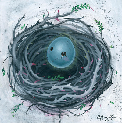 Painting of a tightly wound bird's nest, made out of thorned branches with a small round blue egg inside. It has cartoon eyes and otherwise no expression. Background is a cool gray coloring. 