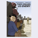 Front cover of book. Illustration of a scared boy following people with luggage. They walk towards a fenced off area with a watchtower.
