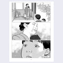 Page 8 from book. Comic book panels show a woman with a baby in front of a house. A boy sees this and text describes how sad he feels.