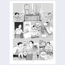 Page 5 from book. Comic book panels with text show a father waking up two boys sleeping in bed. He begins to pack a suitcase with clothes.