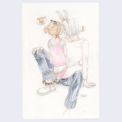 Pencil and watercolor illustration of a person with bunny ears, their face obscured by hair, wearing a white long sleeve and jeans. They sit on the floor with a girl with tiger ears in a pink tank top and lace underwear sitting on their lap, both facing each other with their noses touching.