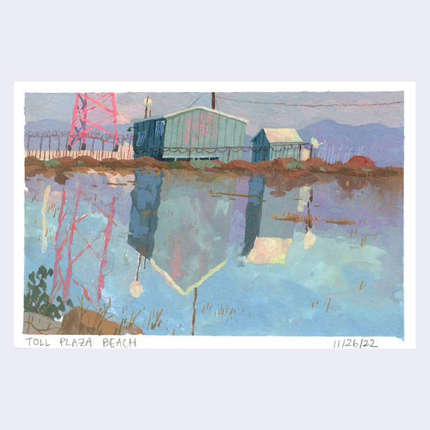 Plein air painting of a warehouse building reflected onto a large body of water, which also reflects a red cell tower and the sky.