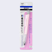 Mechanical pencil with a pink body and retractable eraser. Encased in a plastic display packaging.