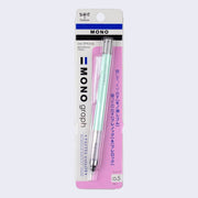 Mechanical pencil with a mint green body and retractable eraser. Encased in a plastic display packaging.
