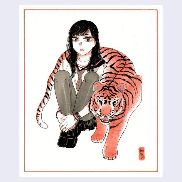 Illustration of a woman, wearing a sailor's shirt, black pleated skirt and opaque black tights, sits on the ground with her knees drawn into her chest. Wrapped around her is a mid sized tiger, looking at the viewer with a fierce face.